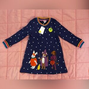 Boden Blue Dress with Star and Halloween Animal Print NWT Rainbow cuffs and trim